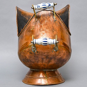 Большой Антикварный Зольник - Угольница с Фарфоровыми ручками, Медь, Англия, первая половина ХХ века! 