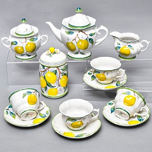 Авторский Чайный сервиз на 4 персоны «Лимоны», фарфор, ручная роспись, Гжель Россия -2000 г..