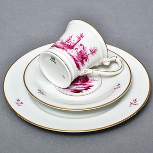 Фарфоровая Кофейная пара + тарелка «Пейзаж с башней», Hochst Германия, середина XX века. 