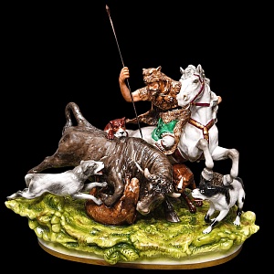 Антикварная Фарфоровая статуэтка «ОХОТА НА БЫКА», Scheibe-Alsbach Германия, первая половина ХХ века. 