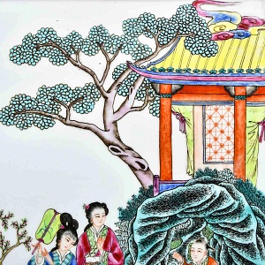 Большой Фарфоровый пласт - Картина - Панно «Семейная прогулка в саду», Китай, середина ХХ века. 