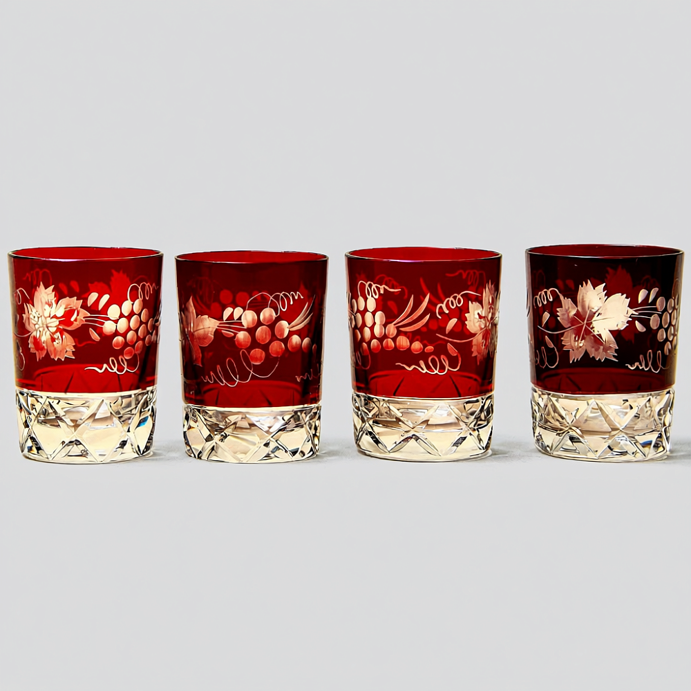 Графин и Четыре Стакана «Виноград» из Цветного Хрусталя DOROTHEENHUTTE Западная Германия 60гг.