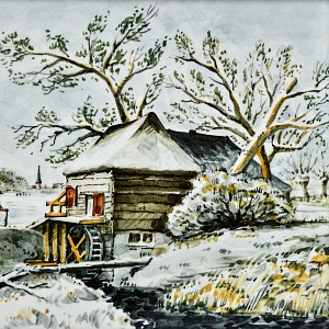 Фарфоровый Пласт - Картина - Панно «Сельский пейзаж. Мельница», Royal Delft Голландия 50 гг.