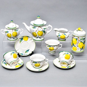 Авторский Чайный сервиз на 4 персоны «Лимоны», фарфор, ручная роспись, Гжель Россия -2000 г..