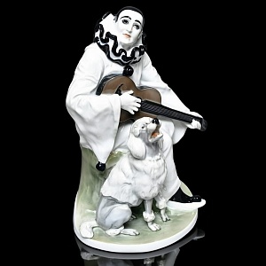Антикварная Фарфоровая статуэтка «Пьеро с гитарой и пудель», Rosenthal Германия - 1924 год. 