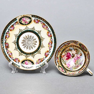 Антикварная Фарфоровая Кофейная пара «Две нимфы и путти», Erdmann Schlegelmilch Германия. 