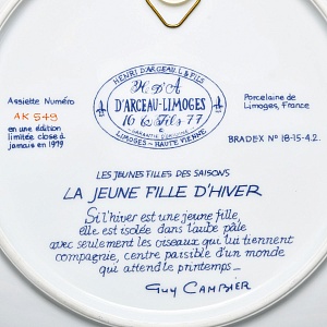 Коллекционная Фарфоровая тарелка «Девушка - Зима», Henri d'Arceau - Limoges Франция, 1979 год. 