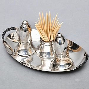 Винтажный Набор из 4х предметов - Набор для специй и горчичница на подносе, SHEFFIELD Англия.