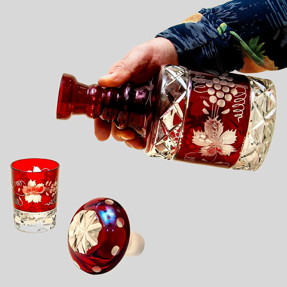 Графин и Четыре Стакана «Виноград» из Цветного Хрусталя DOROTHEENHUTTE Западная Германия 60гг.