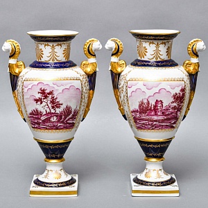 Коллекционные Парные Фарфоровые Вазы в стиле Ампир, Giulia Mangani Италия, середина ХХ века. 