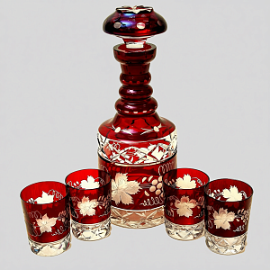 Графин и Четыре Стакана «Виноград» из Цветного Хрусталя DOROTHEENHUTTE Западная Германия 60гг.