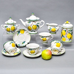Авторский Чайный сервиз на 4 персоны «Лимоны», фарфор, ручная роспись, Гжель Россия -2000 г..