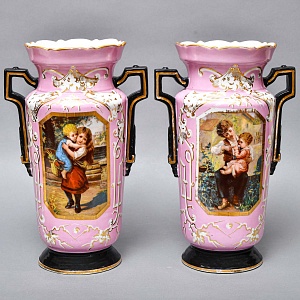 Редкость! Антикварные Парные Фарфоровые Вазы «Мгновения детства», Франция, конец XIX века. 