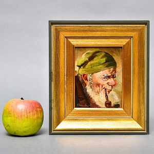 Картина - Портрет - Миниатюра «Старик с трубкой», Доска, Масло, Германия -1965 год.