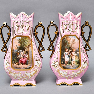 Антикварные Парные Фарфоровые Вазы «Счастливое детство», Франция, конец XIX - начало ХХ века. 