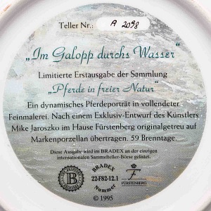 Коллекционная Фарфоровая тарелка «Лошади. Галопом по воде», Furstenberg Германия - 1996 год.