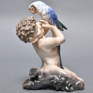 Коллекционная Фарфоровая статуэтка «Фавн с попугаем», Royal Copenhagen Дания, 50-е годы.