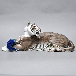 Большая! Авторская Фарфоровая статуэтка «Тигр с павлином», ROSENTHAL Германия, 1919 - 1934 годы. 