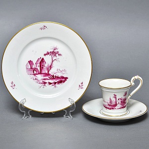 Фарфоровая Кофейная пара + тарелка «Пейзаж с башней», Hochst Германия, середина XX века. 
