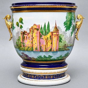 Большое Фарфоровое Кашпо - Ваза с ручками «Руины у озера», Giulia Mangani Италия.