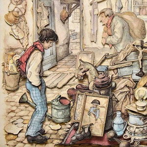 Объемная Картина - Панно в технике 3D декупаж «Лавка старьевщика», 70-е годы ХХ века.