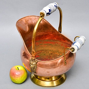 Классический Медный Зольник с Фарфоровыми ручками, Англия первая половина ХХ века!