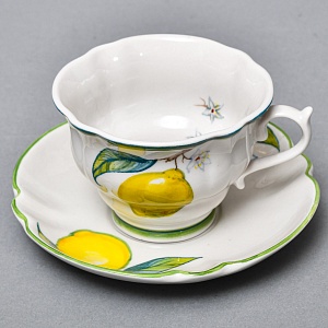Авторский Чайный сервиз на 4 персоны «Лимоны», фарфор, ручная роспись, Гжель Россия -2000 г..
