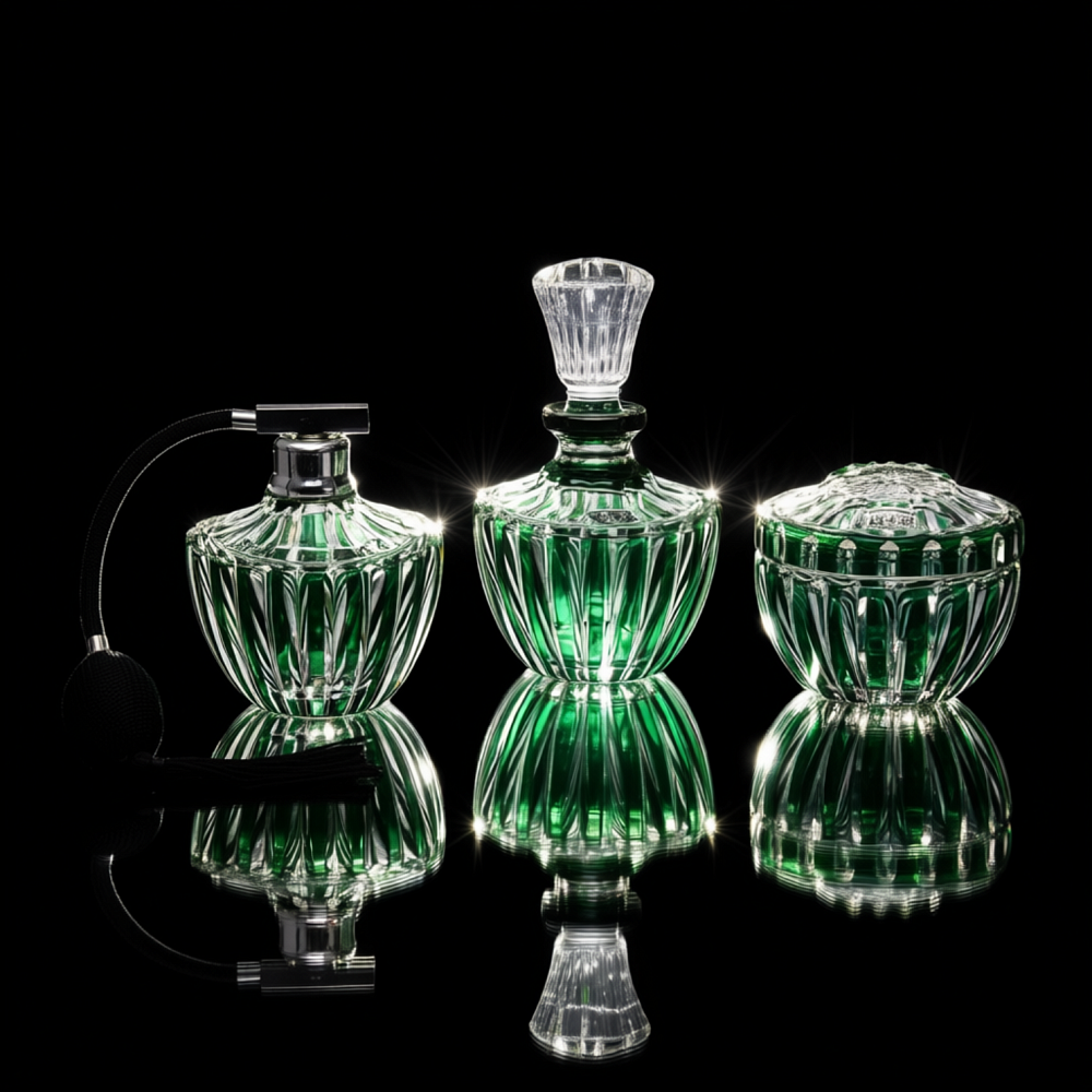 Винтажный Парфюмерный Набор из 3-х предметов, Цветной Хрусталь VAL SAINT LAMBERT, Бельгия.