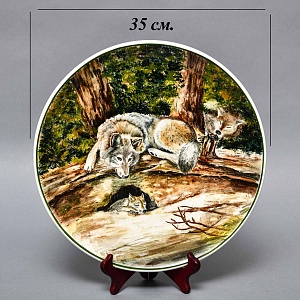 Большое Настенное Авторское Блюдо «Волки», Фаянс роспись, Конаково Россия.