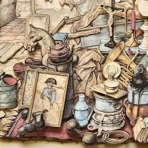 Объемная Картина - Панно в технике 3D декупаж «Лавка старьевщика», 70-е годы ХХ века.