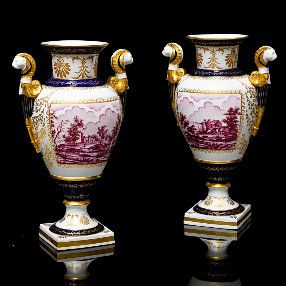 Коллекционные Парные Фарфоровые Вазы в стиле Ампир, Giulia Mangani Италия, середина ХХ века. 